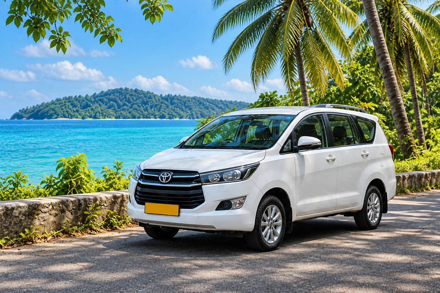 White cab beside a palm-lined tropical coast